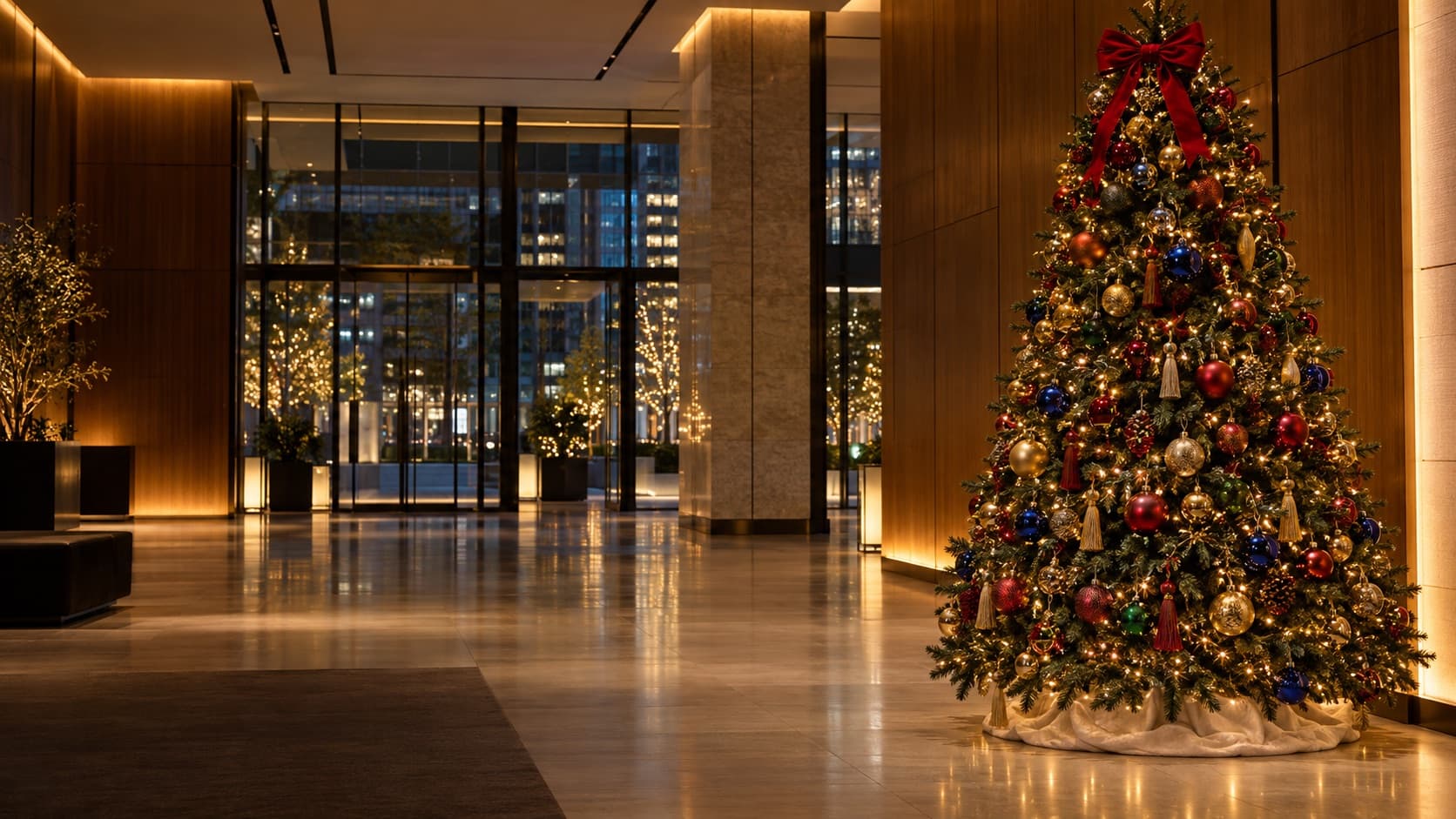 夜のオフィスビルのロビーに置いた、赤・金・群青のオーナメントのクリスマスツリー
