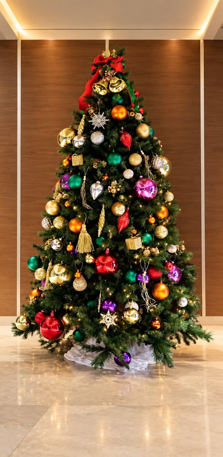 木目の壁のロビーに置いた、色とりどりのガラスのオーナメントのクリスマスツリー